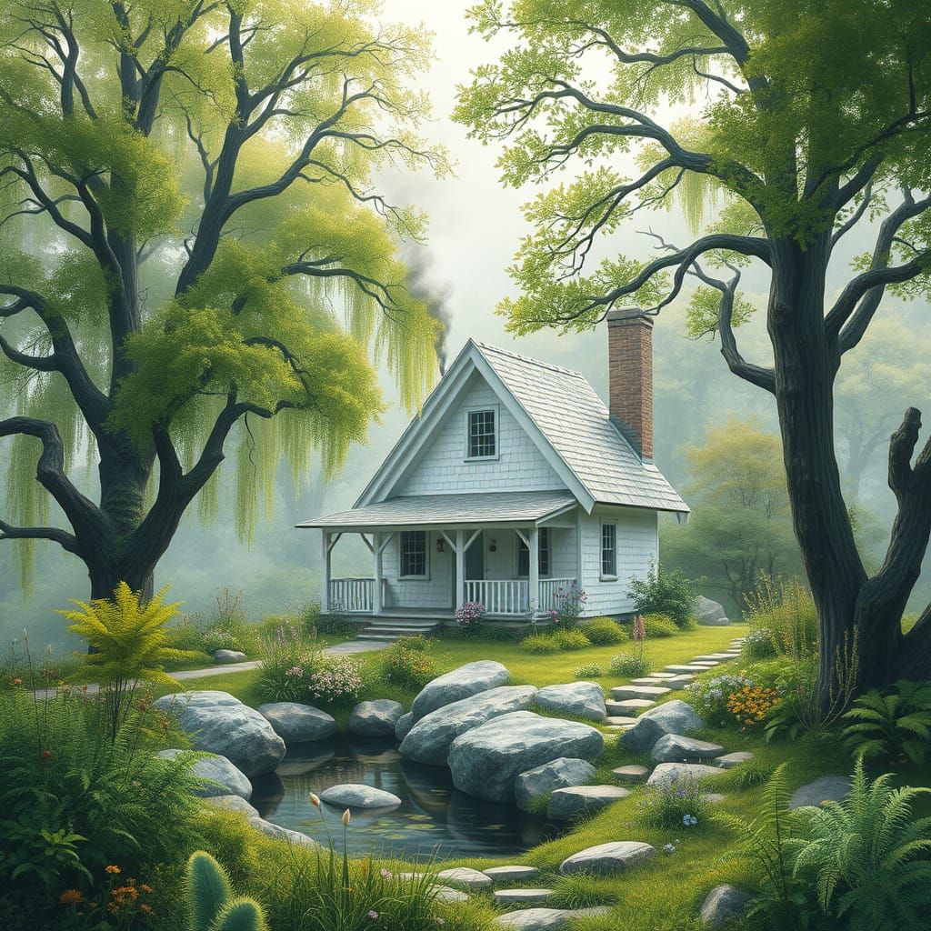 Idyllic Cottage Scene with Rock Pool in Fantasy Style