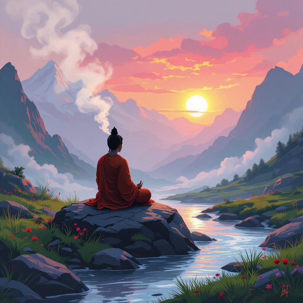 Buddha Meditates at Himalayan Sunrise: Digital Art