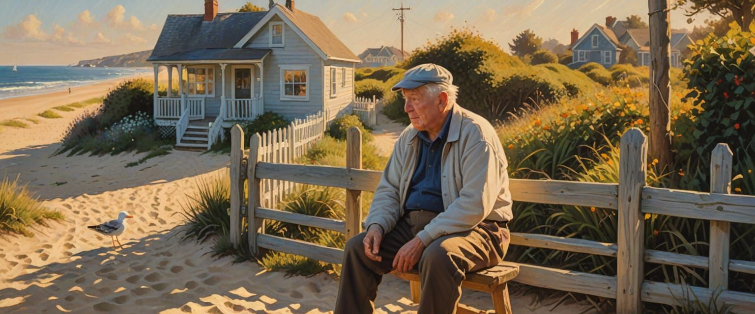 Impressionist Beach Scene with Elderly Man in Sunlight