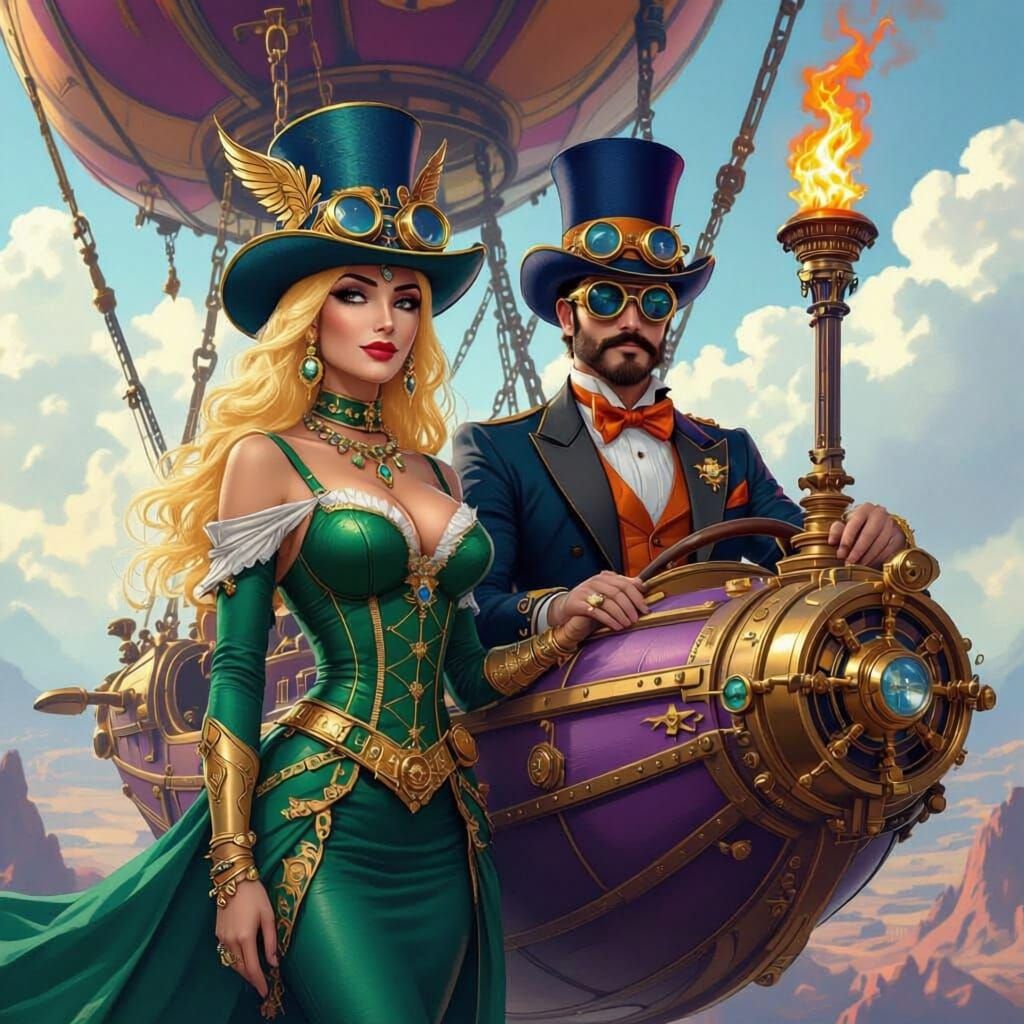 Steampunk Airship Adventure with Winged Lady and Navigator