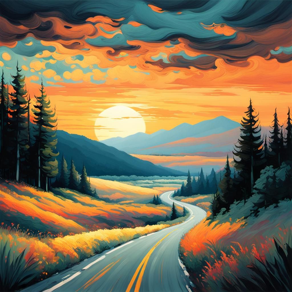 Impressionistic Summer Highway Landscape Painting