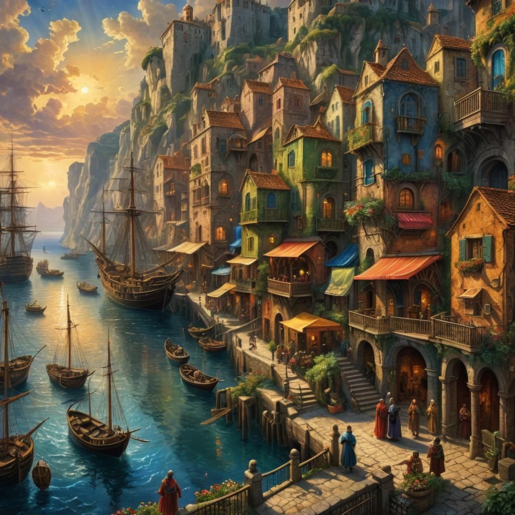 Colorful Seaport City in Classical Style