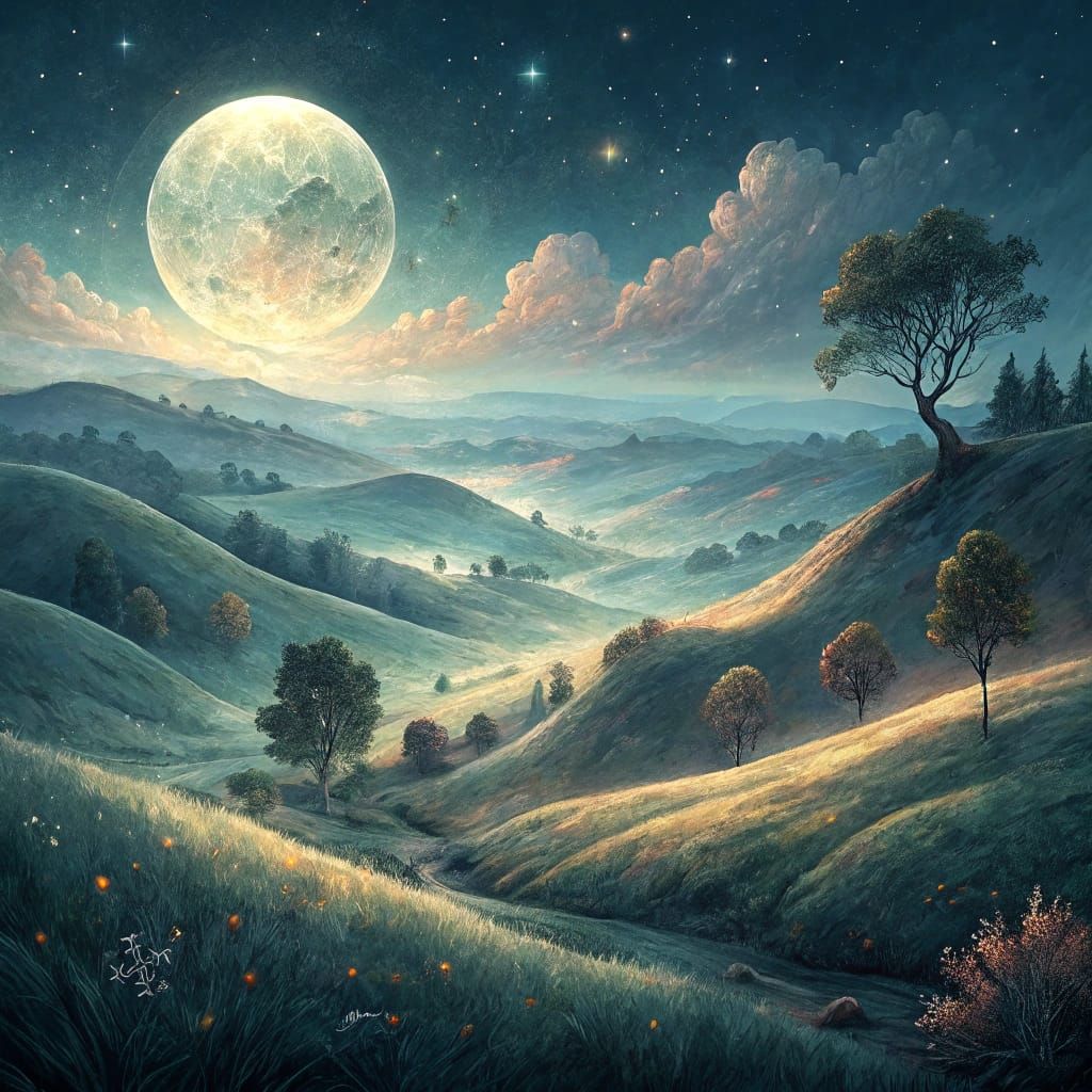 Dreamy Moonlit Landscape in Soft, Ethereal Hues