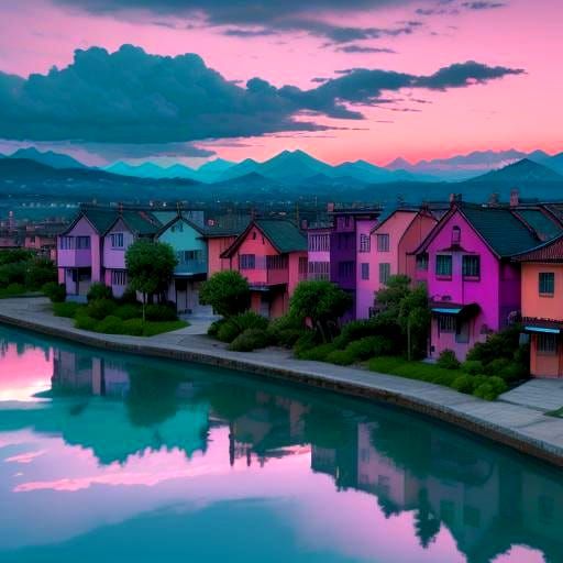 Emerald River Reflects Lilac Sun in Hyperrealistic Image