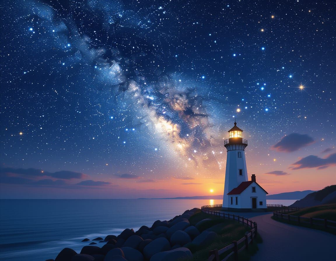 Starry Midnight Sky with Lighthouse in Sfumato