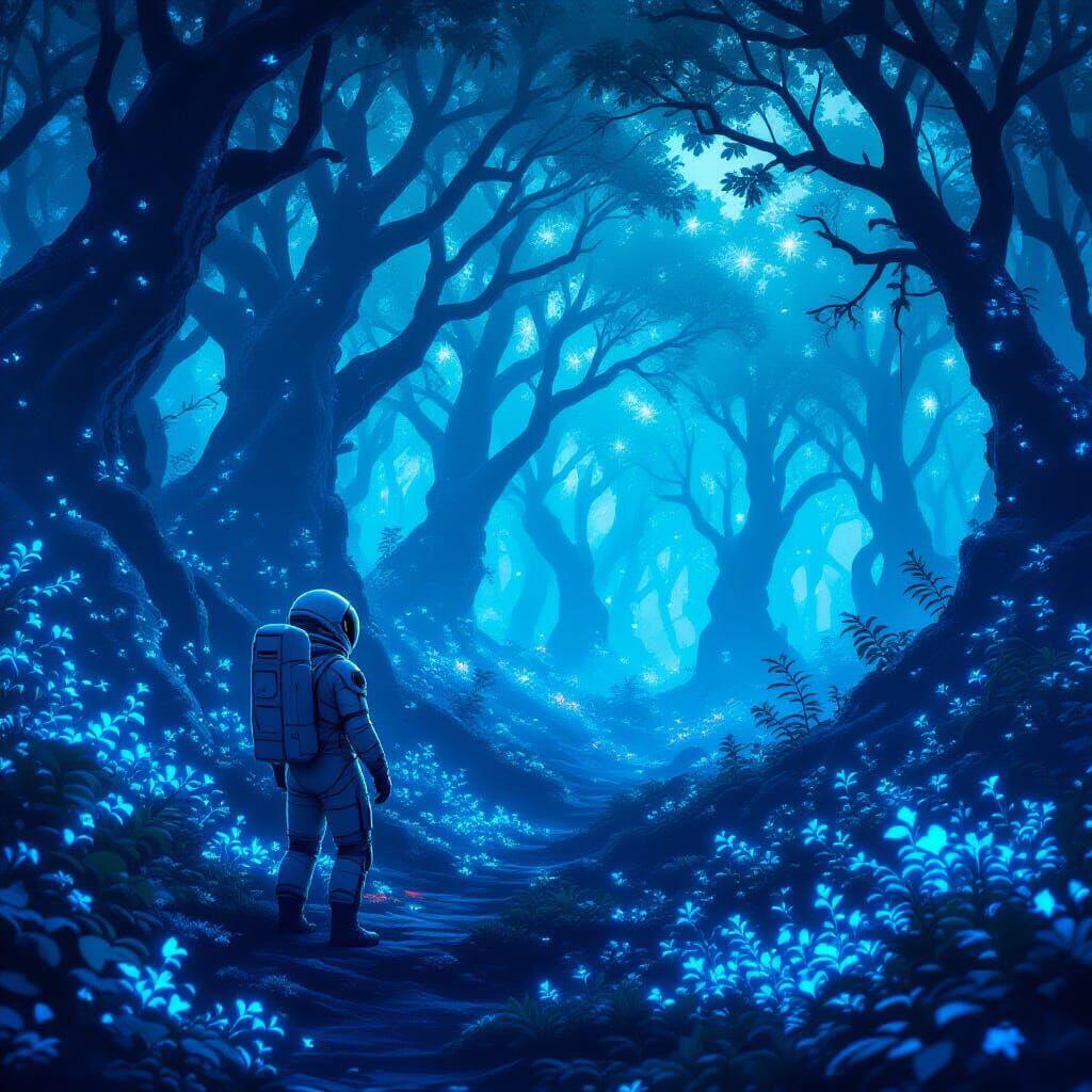 Astronaut Discovers Bioluminescent Forest on Alien Planet