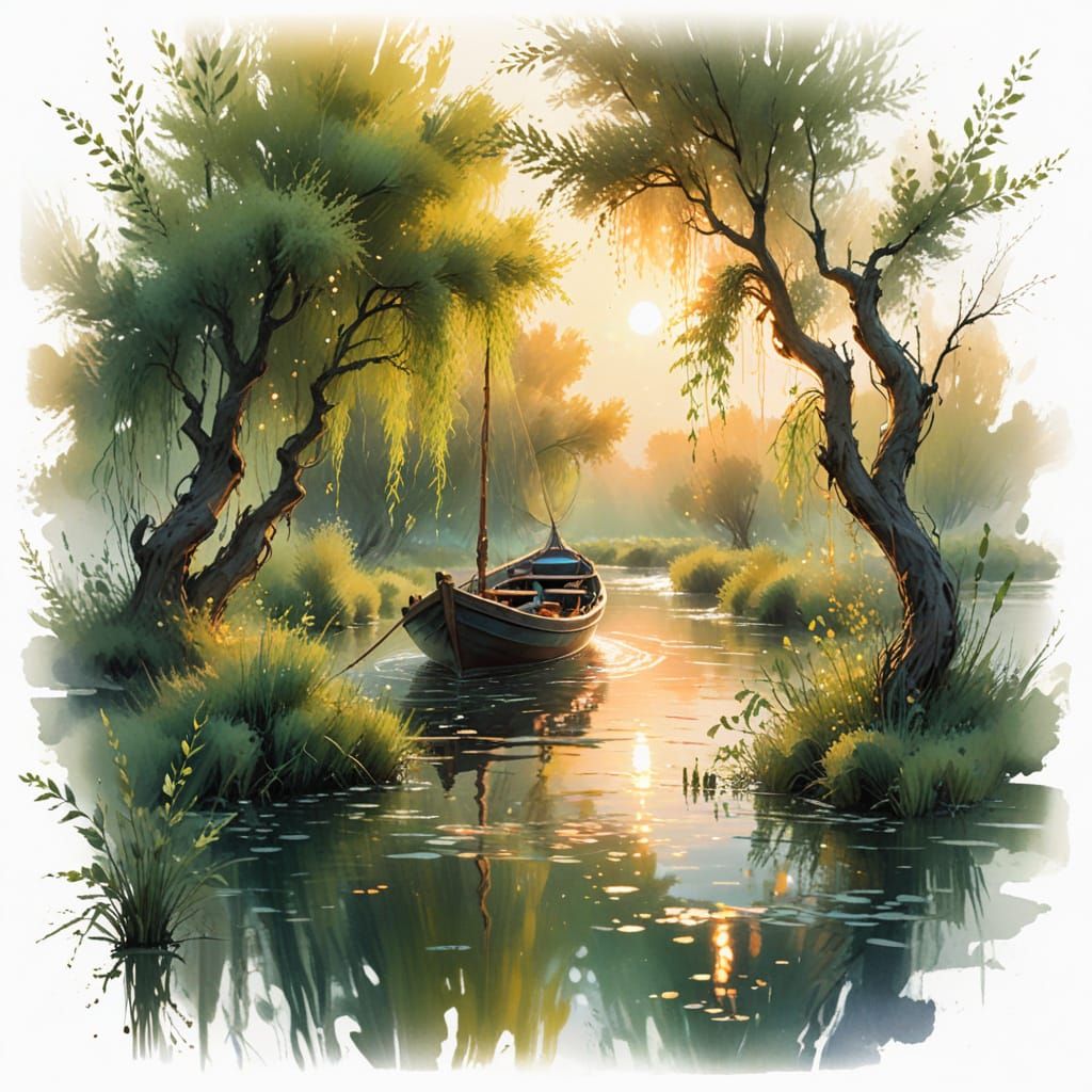 Summer Stream at Dusk: Bioluminescent Fireflies Watercolor