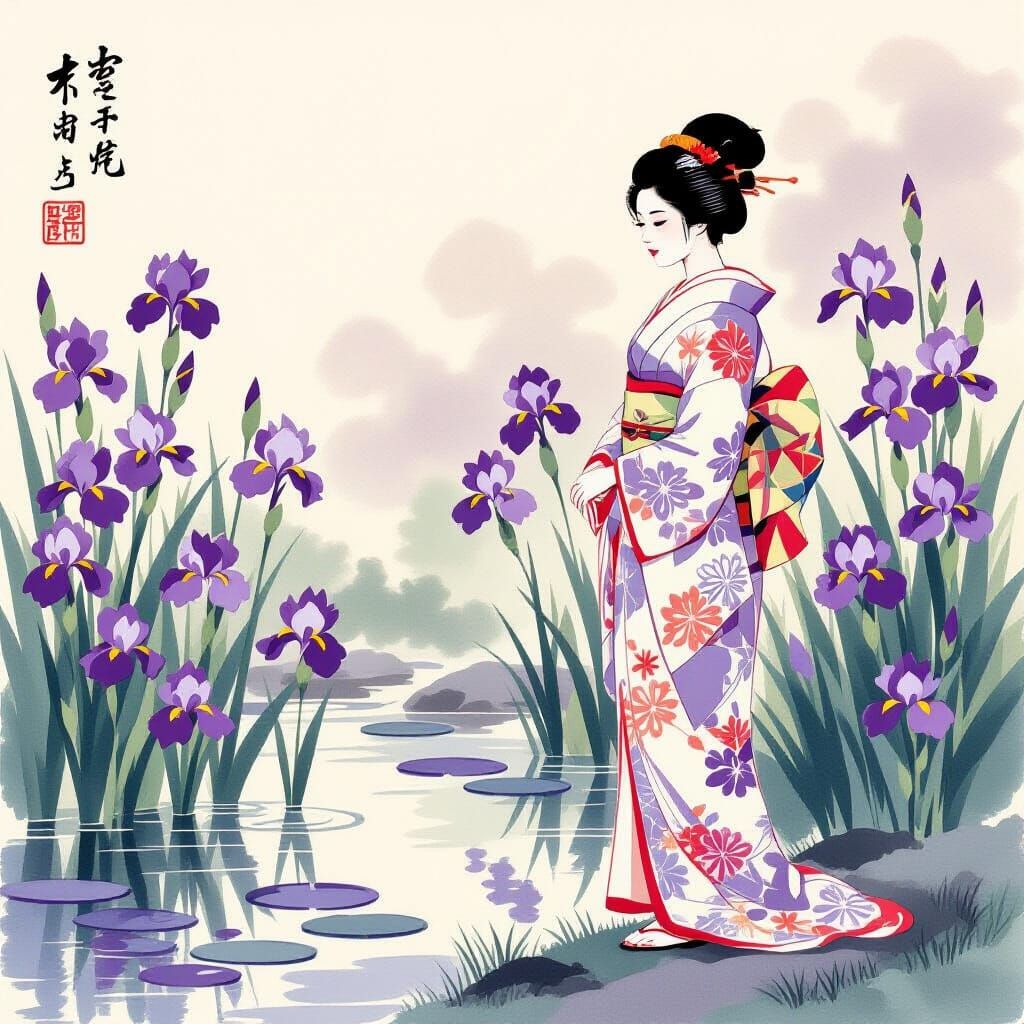 Kimono Woman Beside Iris Pond, Ukiyo-e Style