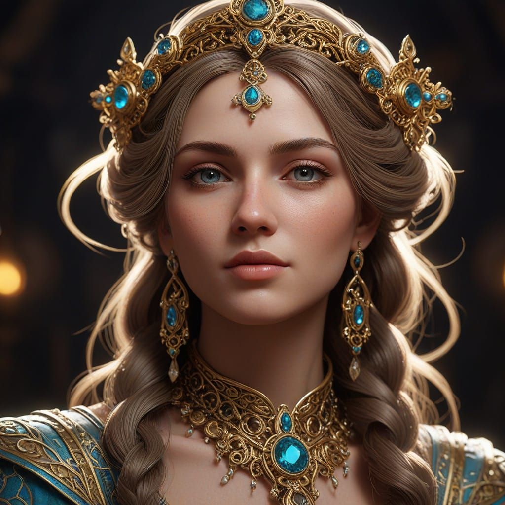 Regal Woman in Celtic Jewelry and Ornate Coiffure with Cinem...