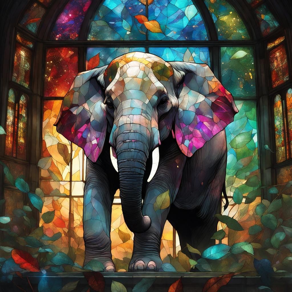 Stained Glass Elephant Window with Constellation Map