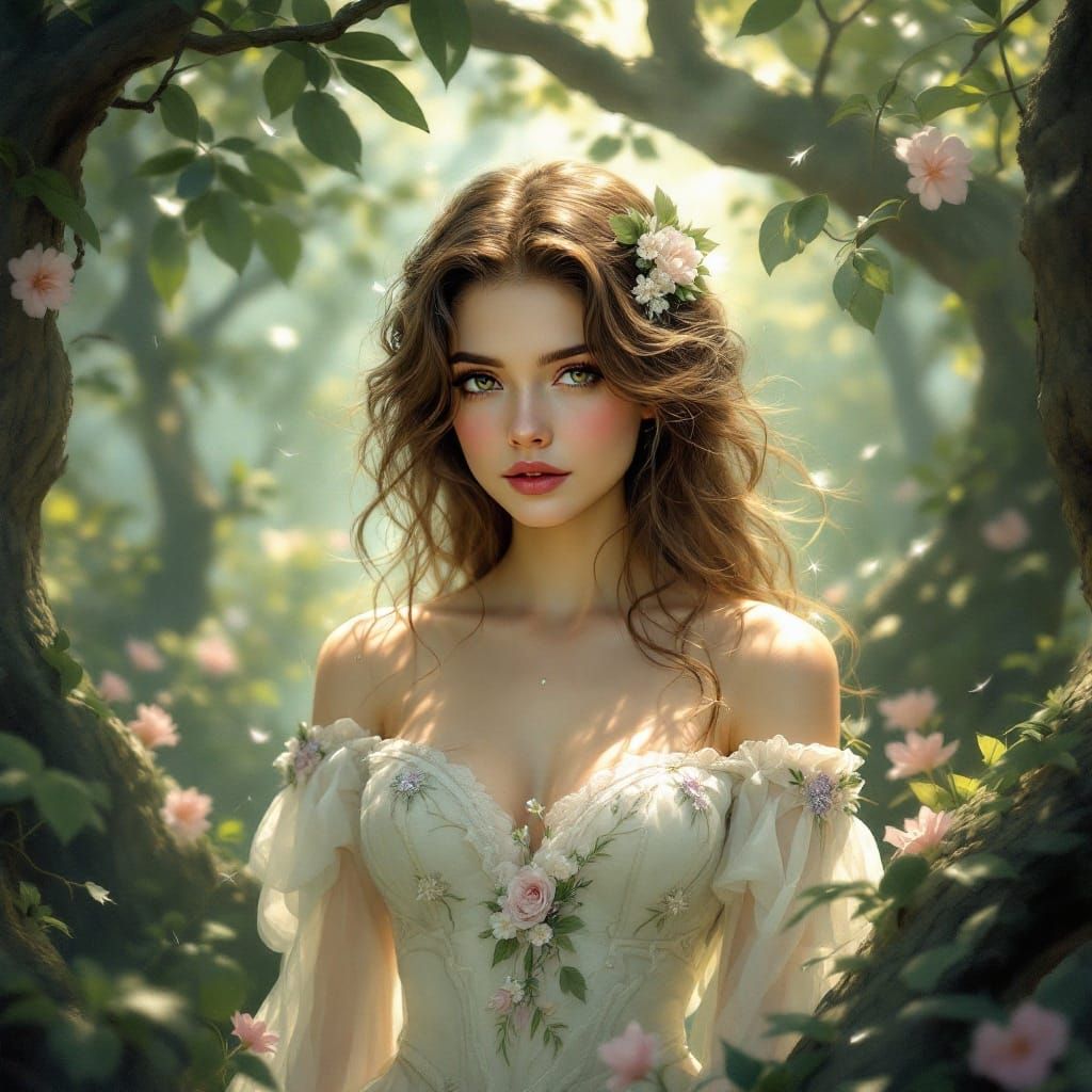 Young Woman in Whimsical Forest Scene with Gothic Romantic S...