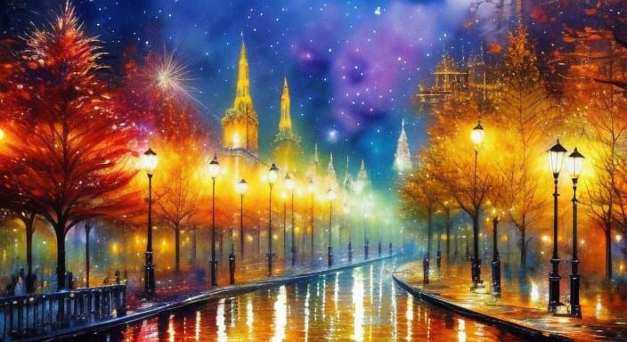 Autumn Fantasy City Aglow with Fairy Lights
