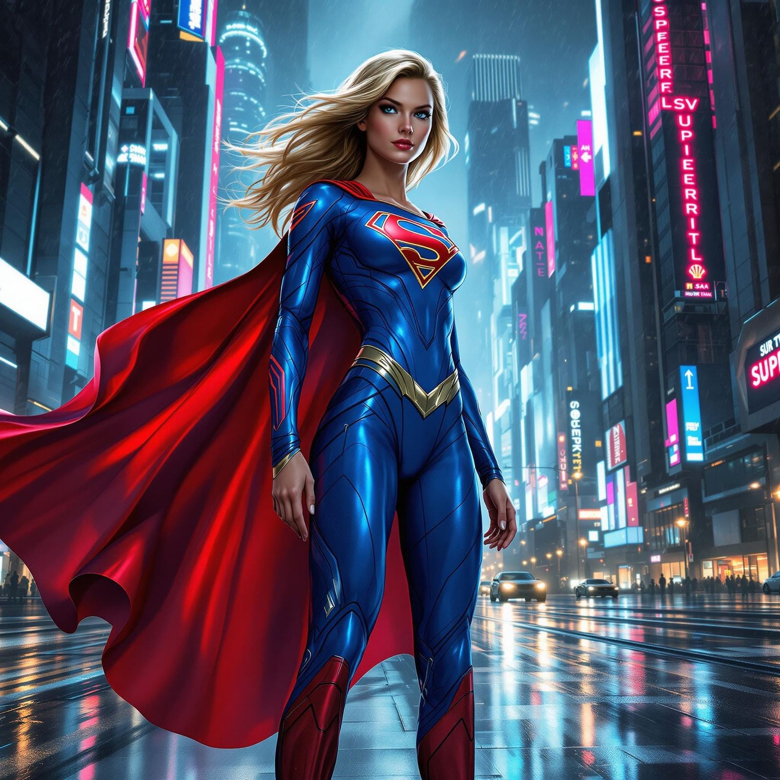 Supergirl in Futuristic Cityscape, Pop Art Style