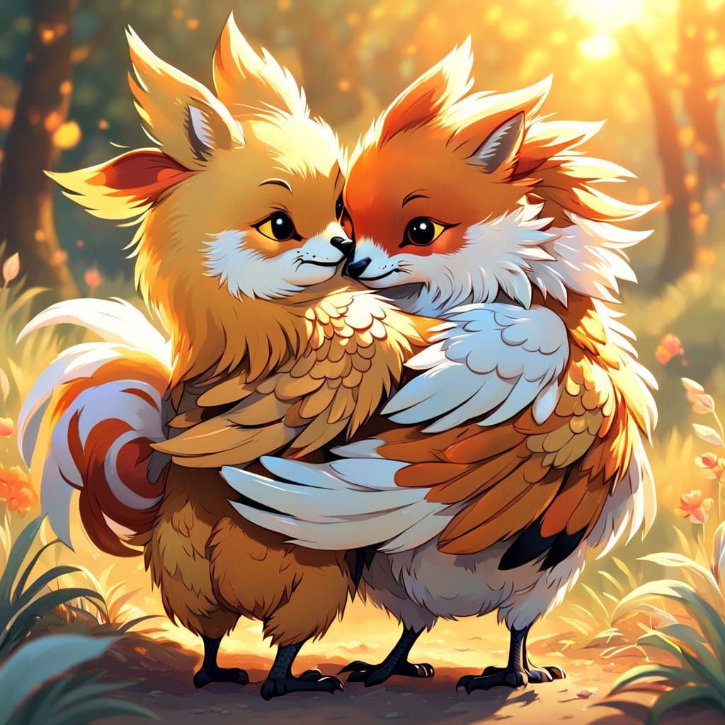 Adorable Chicken and Fox Hugging in Warm Sunlight