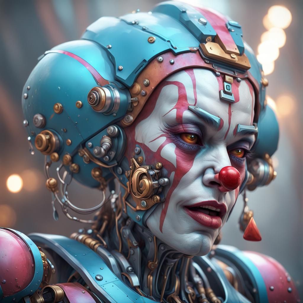 Crying Robot Clown Portrait in Detailed Digital Art