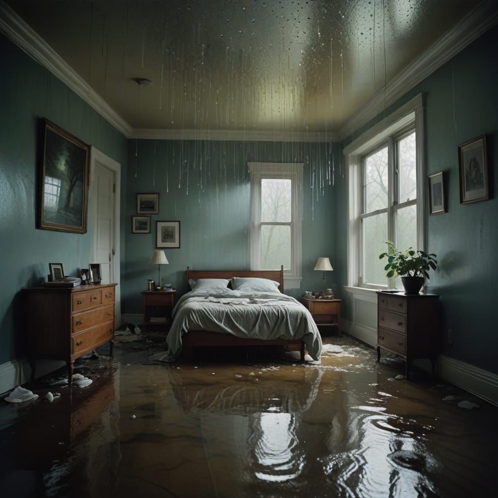 Surreal Ceiling Leak Illuminates Flooded Bedroom Floor