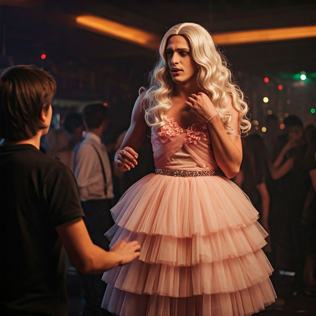 Worried Crossdresser in Frilly Dress Approached in Discotheq...