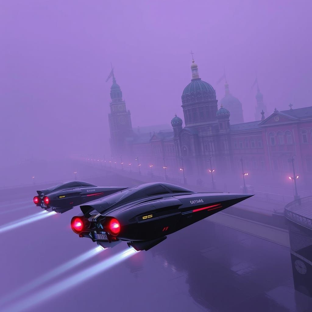 Saint-Petersburg in Purple Fog with Flying Cars