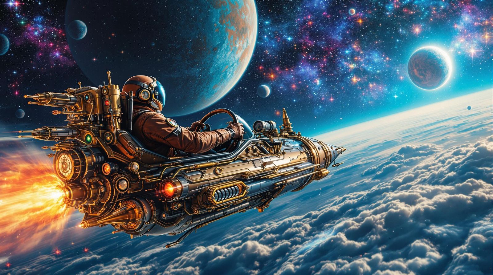 Steampunk Astronaut Soaring Through Cosmos