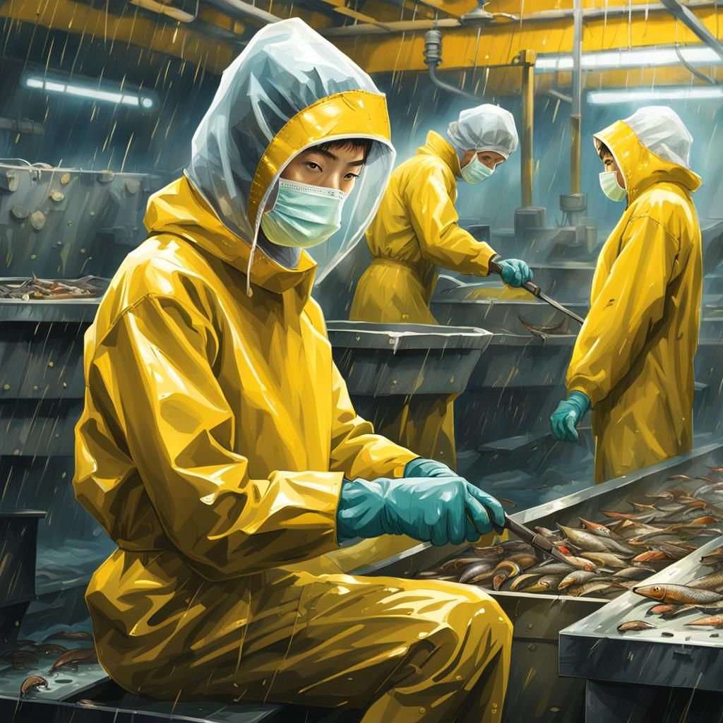 Asian Women Processing Salmon in Yellow Rain Suits