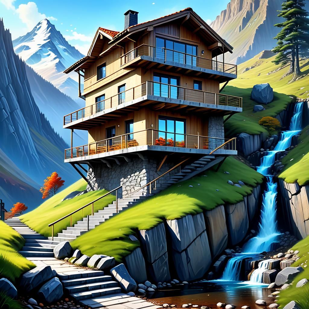 casa construida en una montaña con escaleras  superpuestas