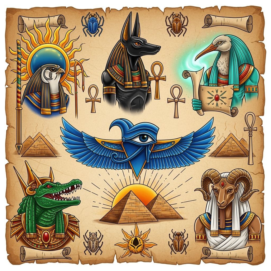 Ancient Egyptian Gods in Flash Tattoo Style
