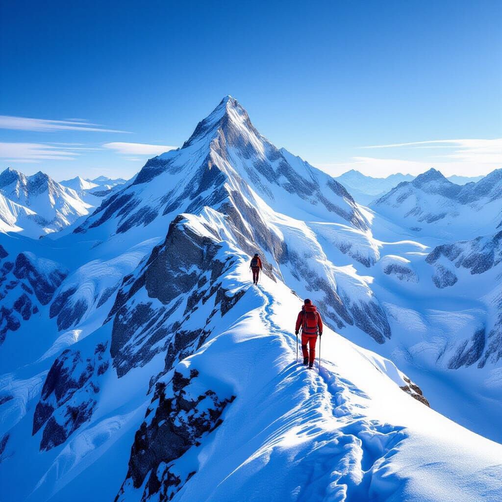 Mountaineer Ascends Snowy Peak in Dramatic Alpine Landscape