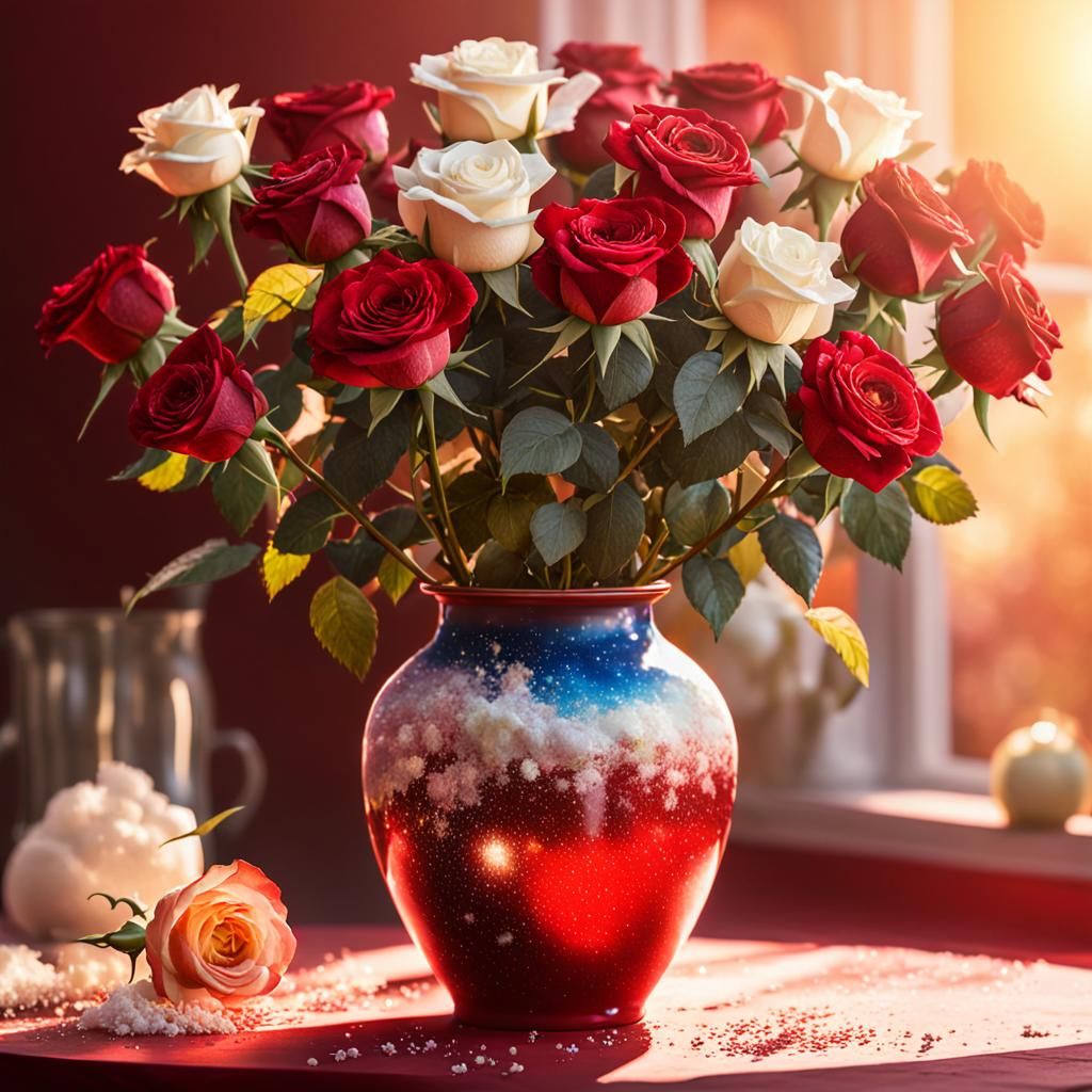 Hyperrealistic Roses with Stardust in Splash Art