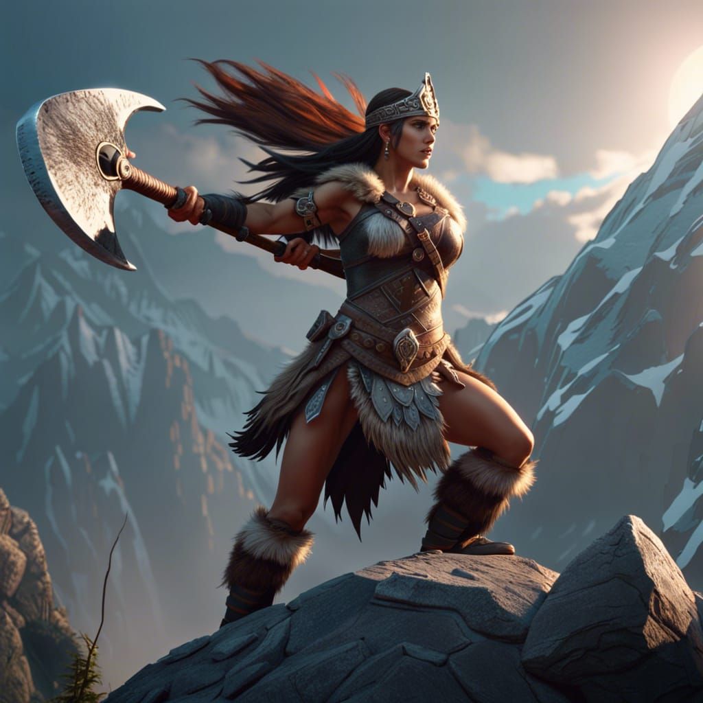 Female Barbarian Raises Battle Ax in the Mountains