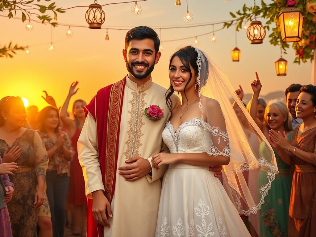 Multicultural Wedding Celebration in Vibrant Sunset Colors