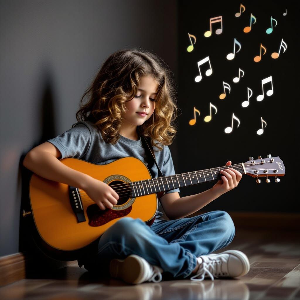 Boy Plays Guitar in Dark Room: Hyperrealistic HDR