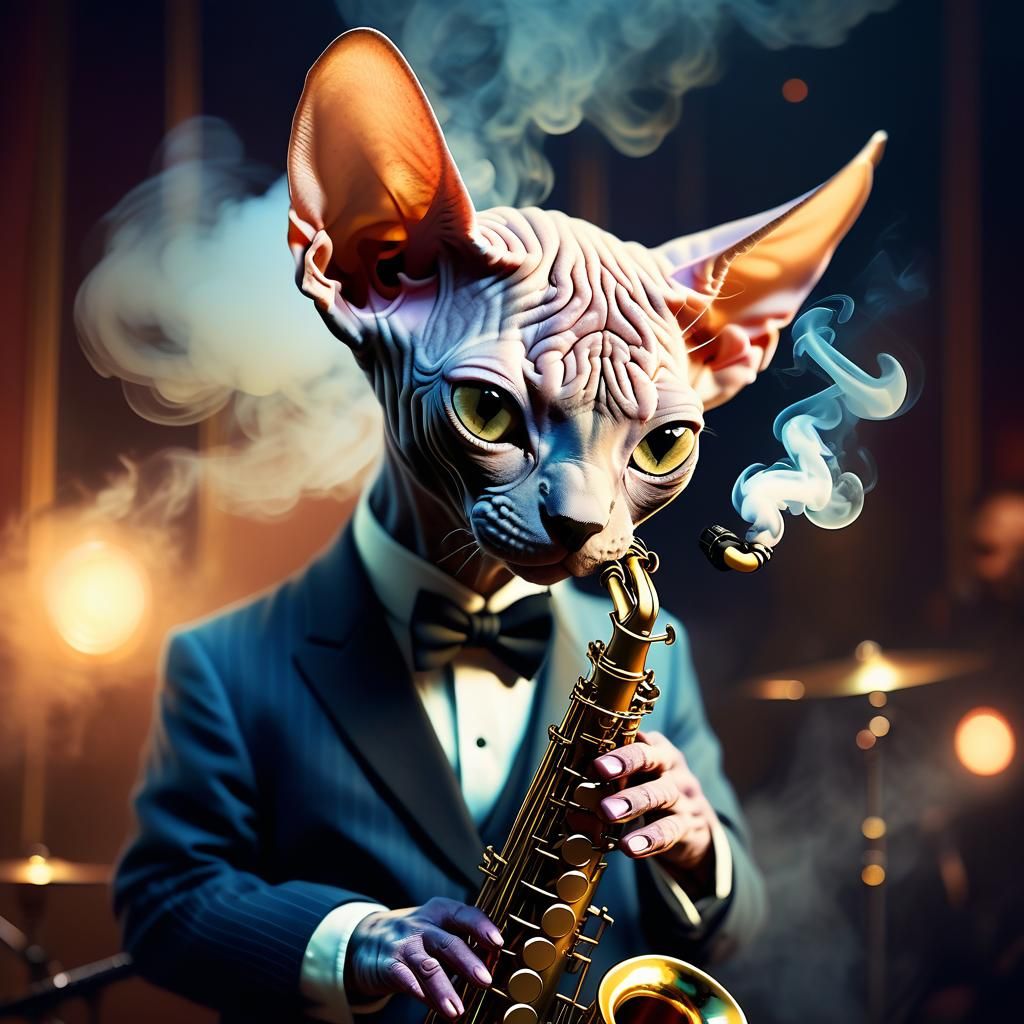 Kawaii Sphynx Plays Saxophone in Dreamy Jazz Club