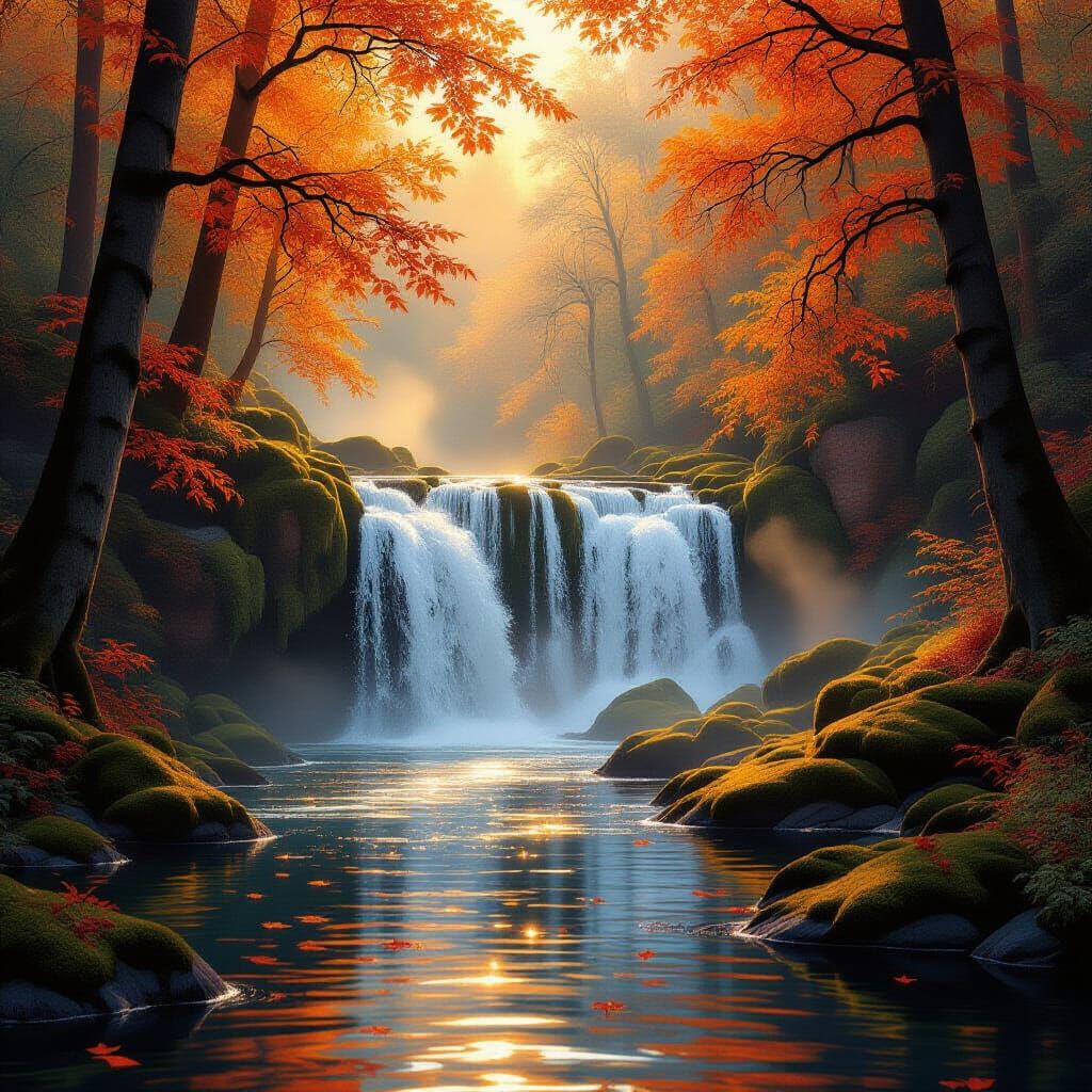 Majestic Autumn Waterfall in Golden Forest