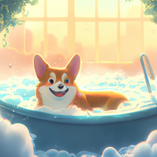 Happy Corgi in Bubble Bath, Ghibli Anime