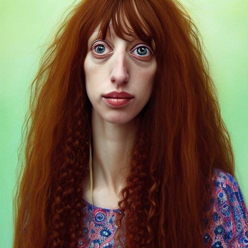 Detailed Portrait of Woman with Flowing Red Hair