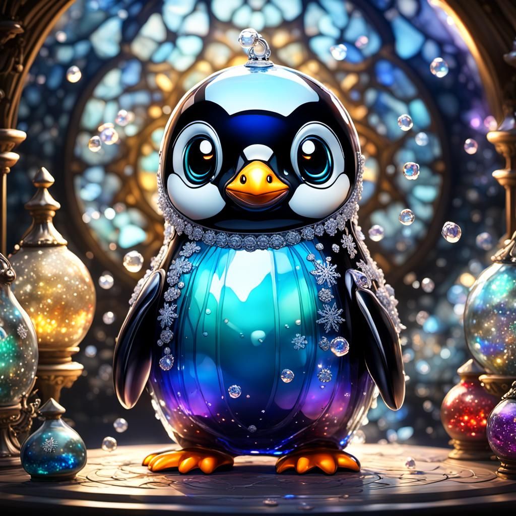 Crystal Penguin with Snowflakes in Fantasy Treasure Room