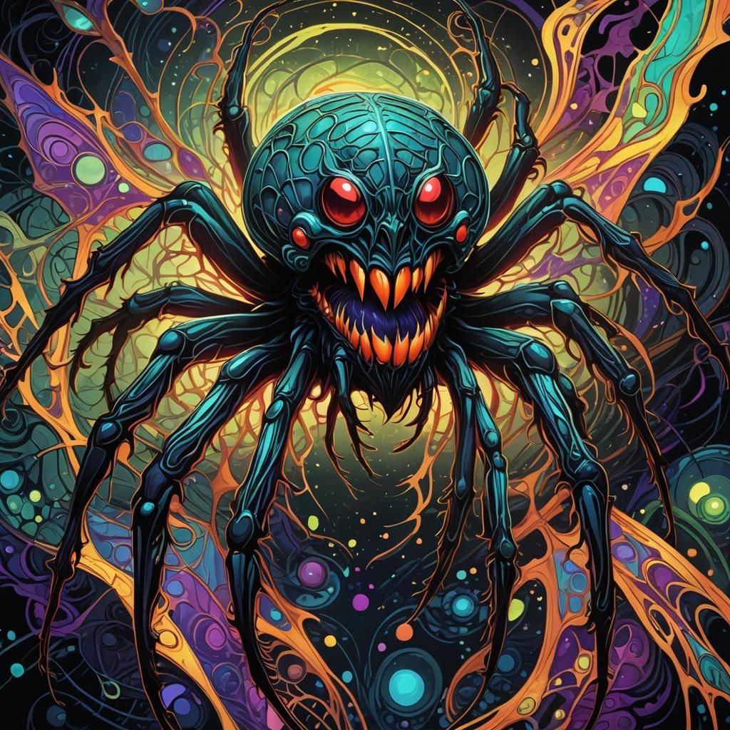 Bioluminescent Spider in Psychedelic Art Nouveau Style