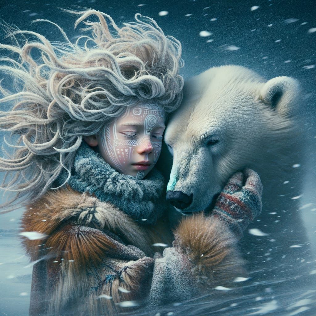 Arctic Girl Finds Warmth in Polar Bear's Embrace Amidst Snow...