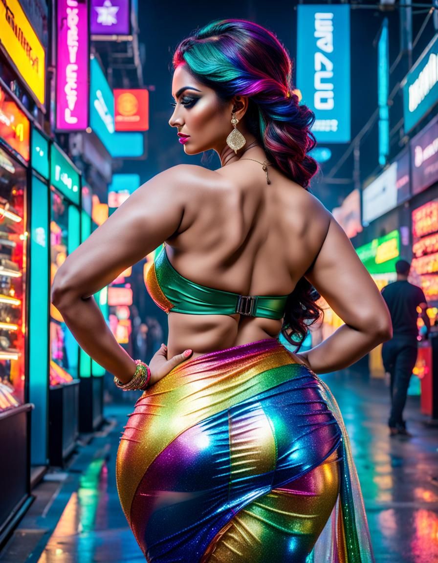 Rainbow Saree in Neon City: Hyperrealistic Digital Portrait