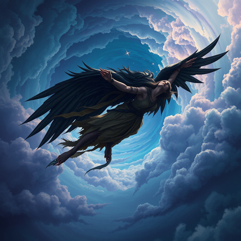 Winged Druidess Soaring Through Stormy Skies