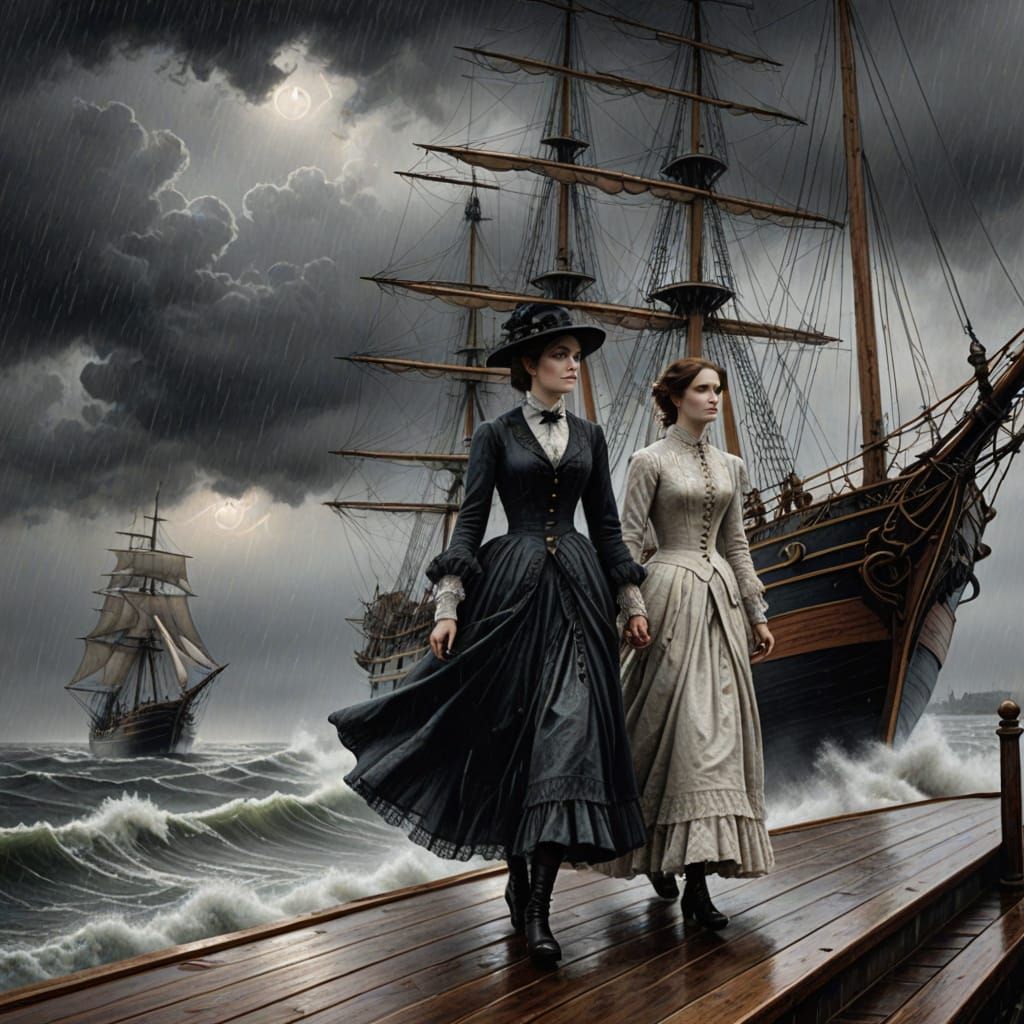 Victorian Women on Sailing Ship: Hyper-Detailed 3D Drawing