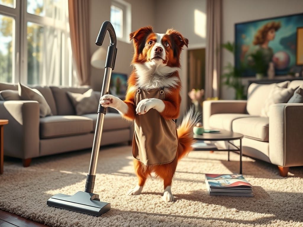 Lively Australian Shepherd in Cozy Living Room with Vacuum C...