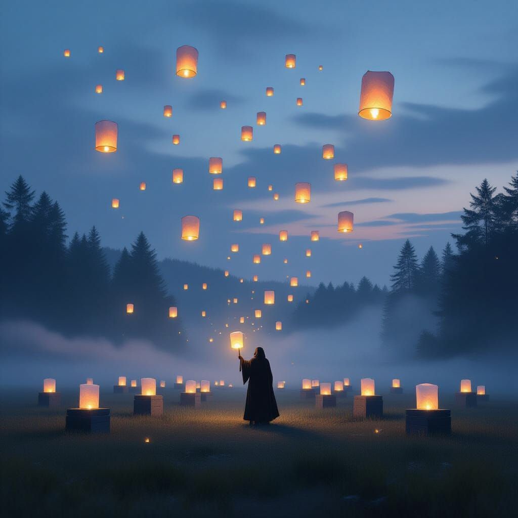 Twilight Field of Floating Memory Lanterns