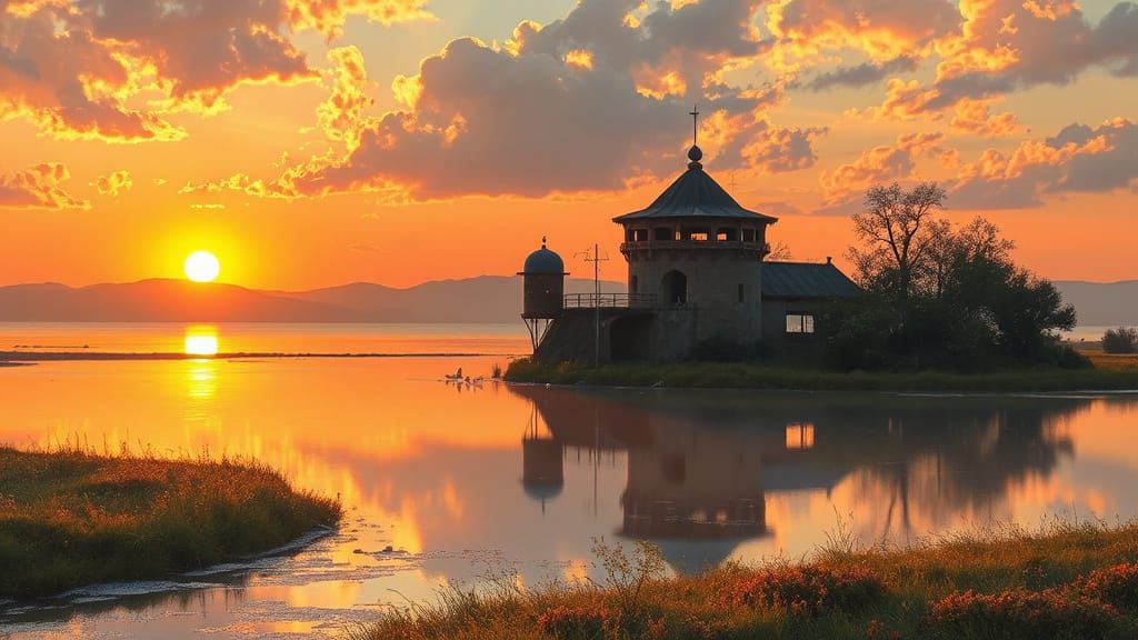 Golden Dusk Landscape in Impressionistic Style