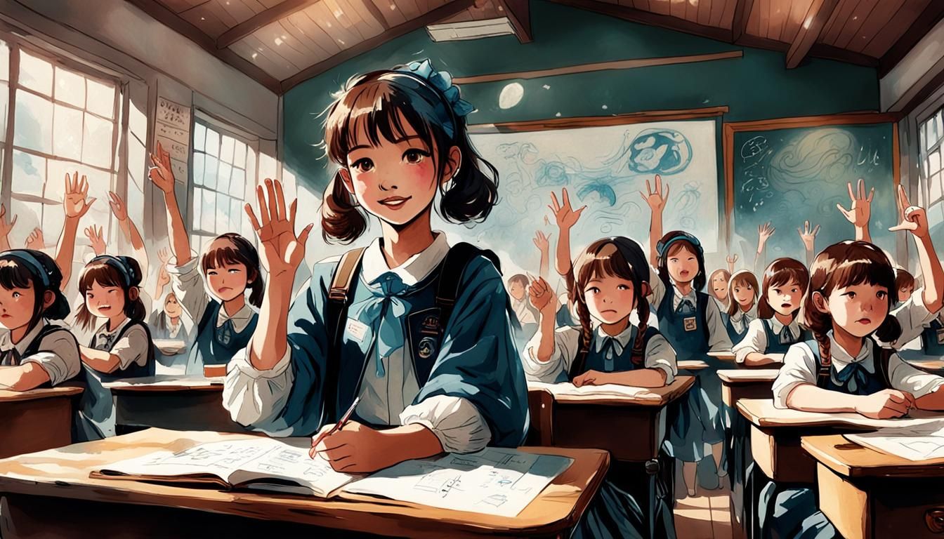 1950s Classroom with Anime Students in Watercolor Style