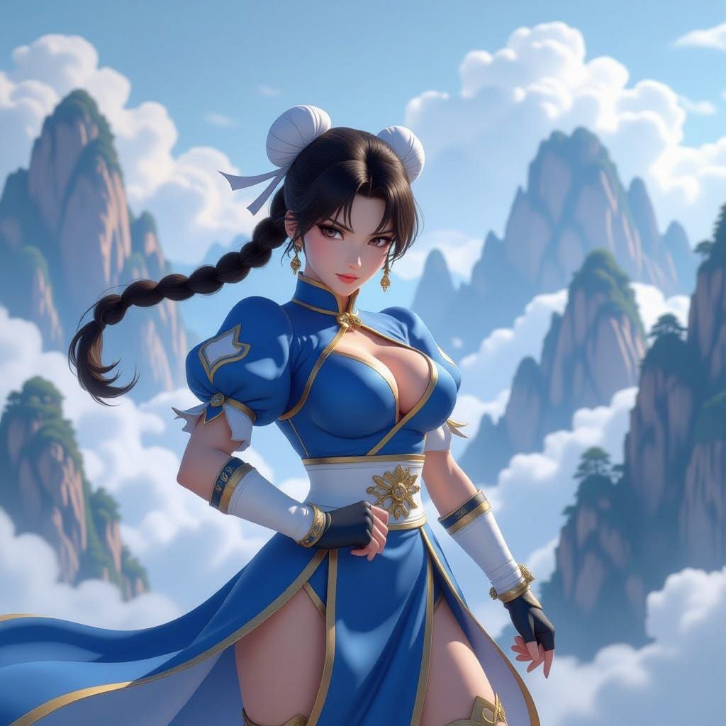 Realistic Chun-Li in Chinese Mountains Amidst Clouds