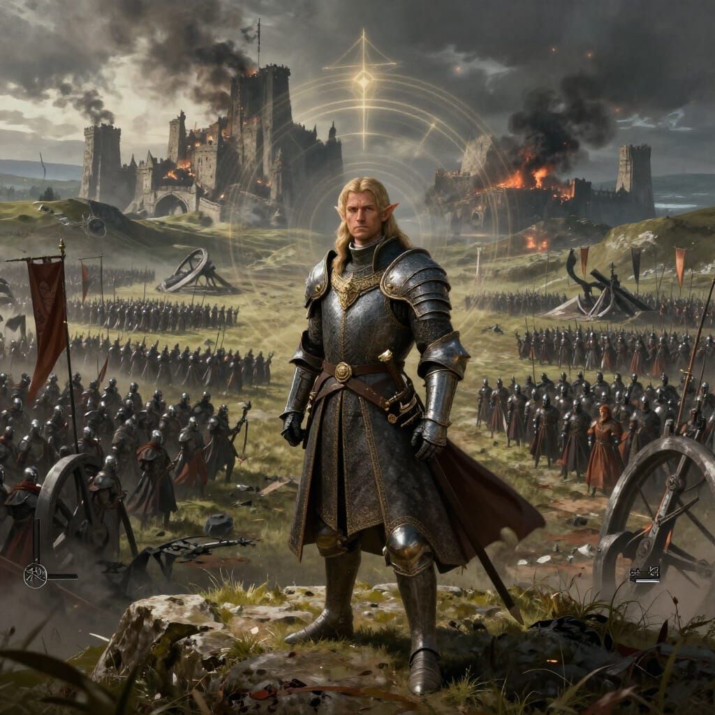 Elven General Surveys Army on Windswept Hill