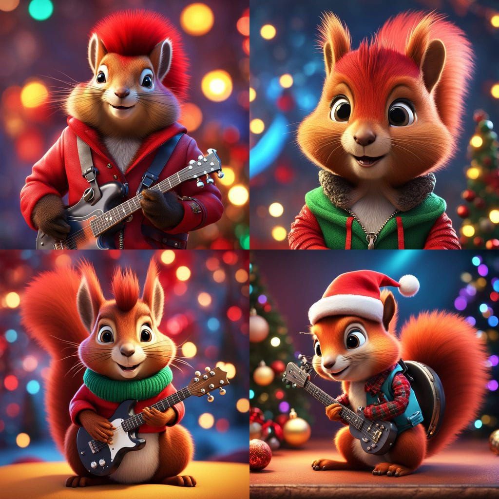 Punk Rock Red Squirrel in Vibrant Christmas Attire