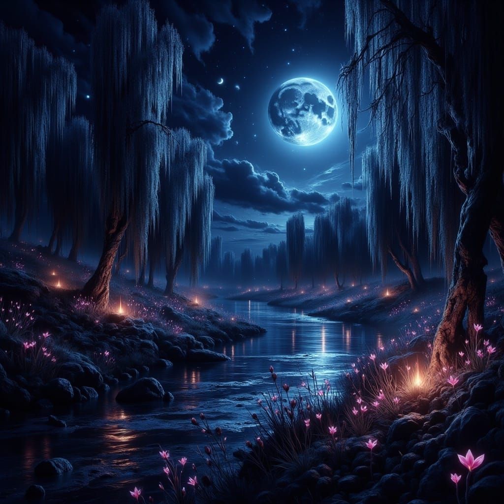 Ethereal Cosmic Landscape with Twisted Willow Trees and Biol...