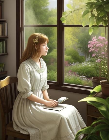 Girl Writing Letter in Sunlit Room